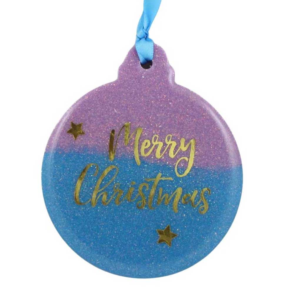 Round purple and blue ornament with 'Merry Christmas' text on a white background | Lilylin Designs
