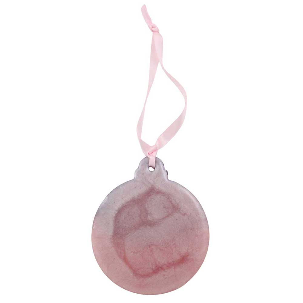 Back view of Round purple and pink ornament with 'Merry Christmas' text on a white background | Lilylin Designs