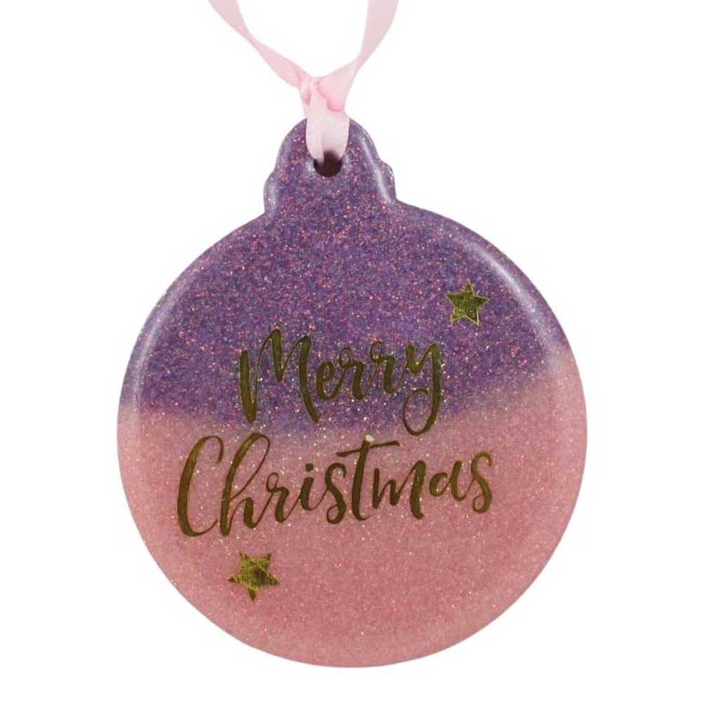 Round purple and pink ornament with 'Merry Christmas' text on a white background | Lilylin Designs