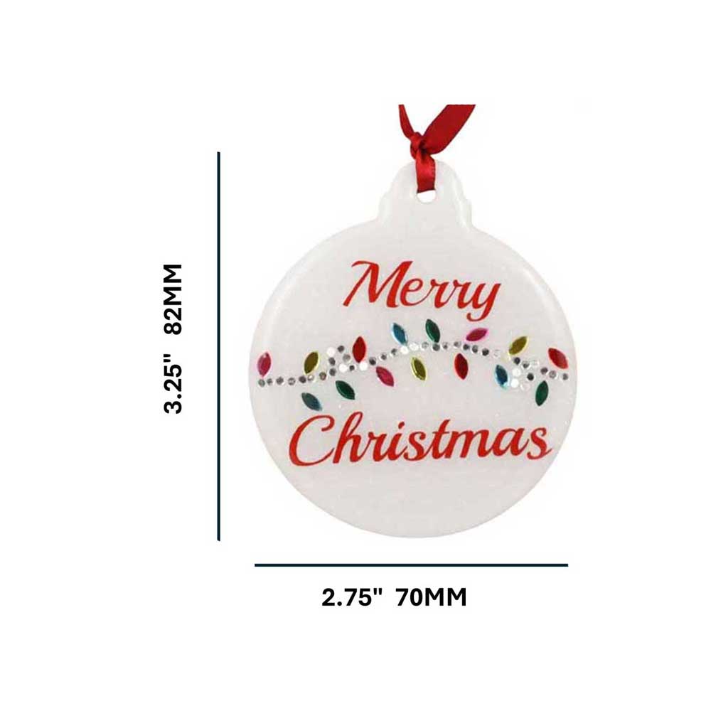 Round white Christmas ornament with 'Merry Christmas' text and red ribbon, showing measurements | Lilylin Designs