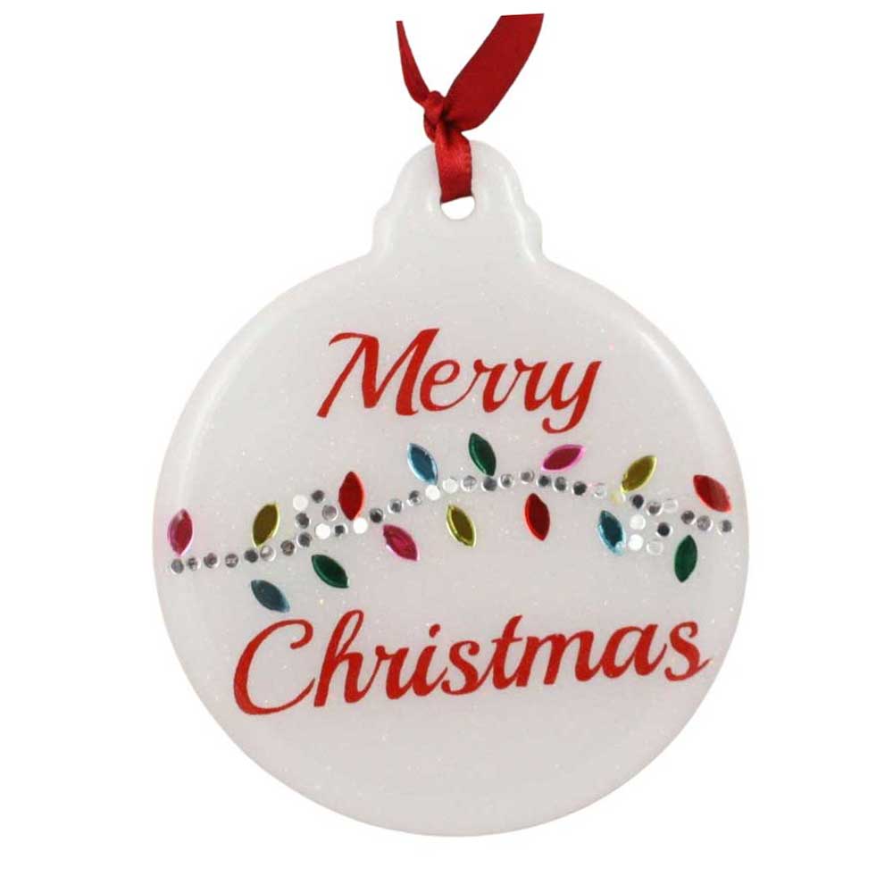 Round white Christmas ornament with 'Merry Christmas' text and colorful lights, tied with a red ribbon - Lilylin Designs