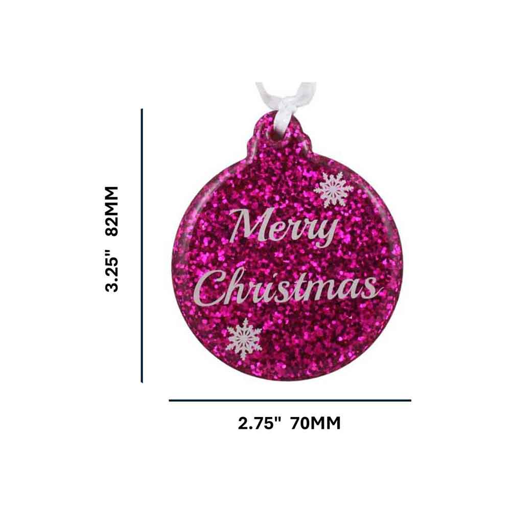 Pink glittery Christmas ornament with 'Merry Christmas' text and snowflake designs, shown with measurements on a white background. | Lilylin Designs