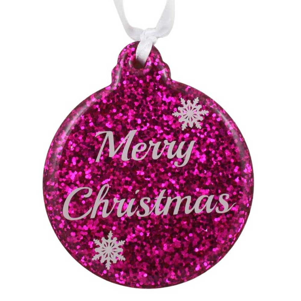 Pink glittery Christmas ornament with 'Merry Christmas' text on a white background | Lilylin Designs