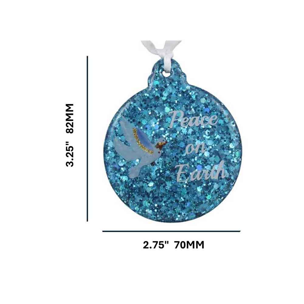 Blue glittery ornament with 'Peace on Earth' text and dove design, shown with measurements. | Lilylin Designs