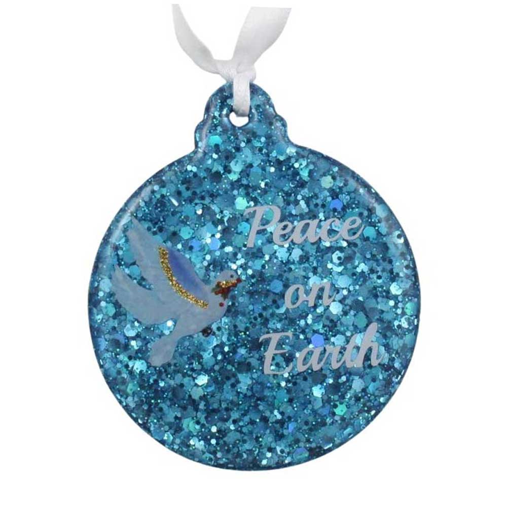 Blue glittery ornament with 'Peace on Earth' text and angel design on a white background | Lilylin Designs