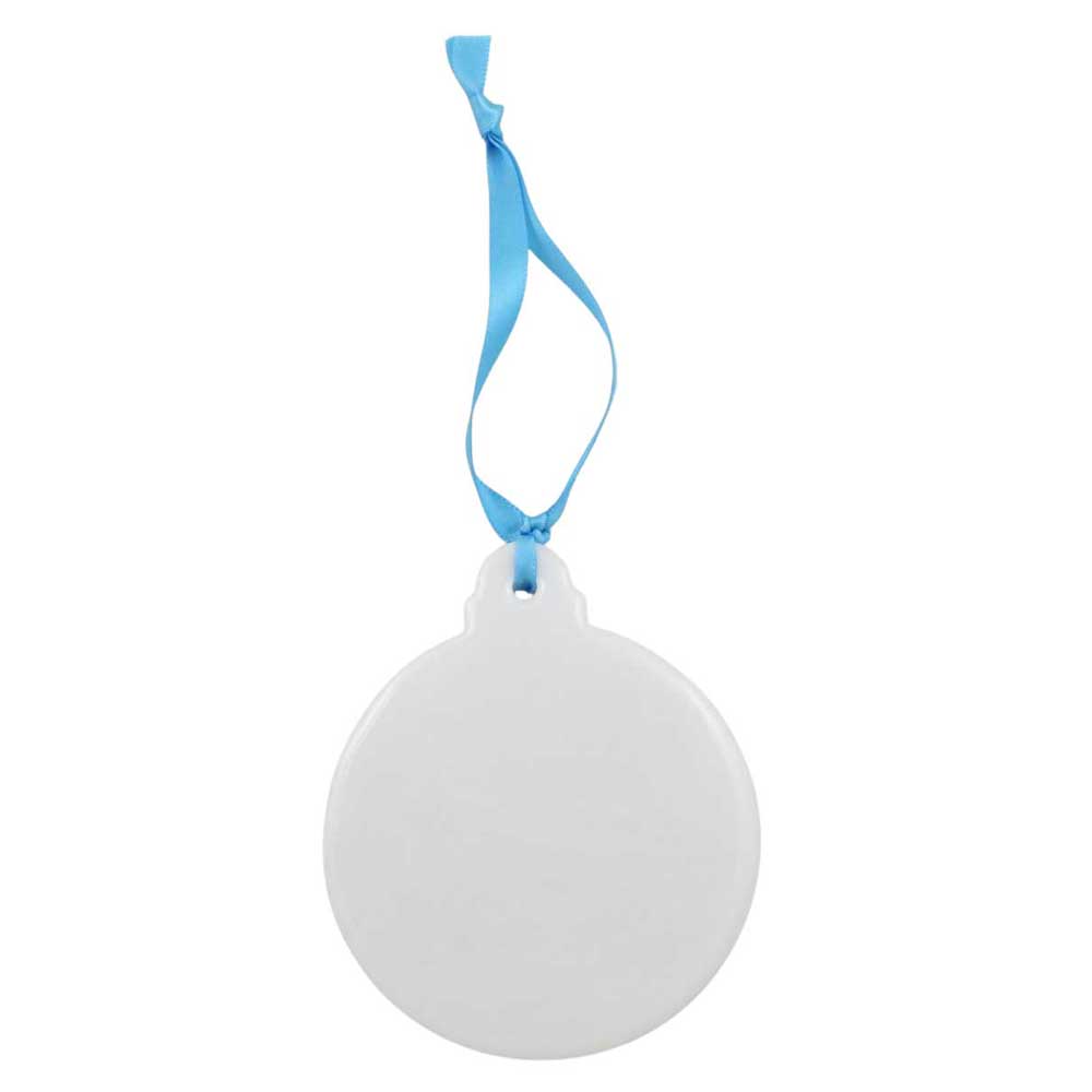 White round ornament with a blue ribbon on a white background | Lilylin Designs