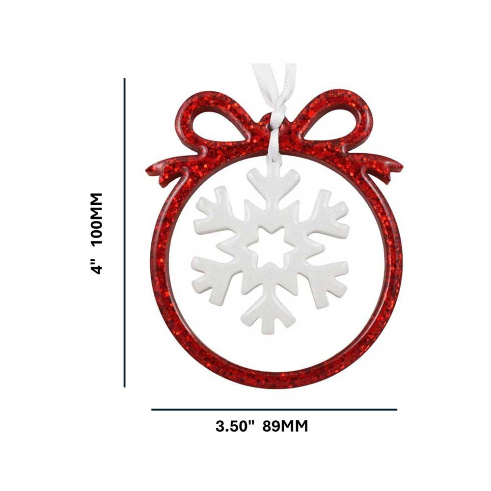 Red ornament with a white snowflake design and measurements on a white background | Lilylin Designs