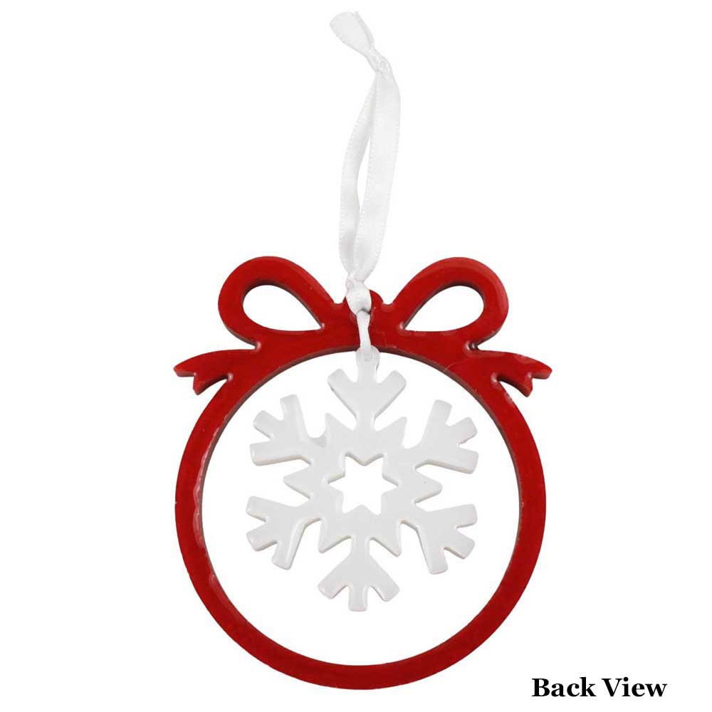 Decorative ornament with red bow and white snowflake on a white background | Lilylin Designs