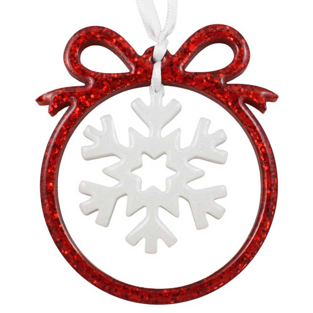 Decorative Christmas ornament with red frame and white snowflake design on a white background | Lilylin Designs