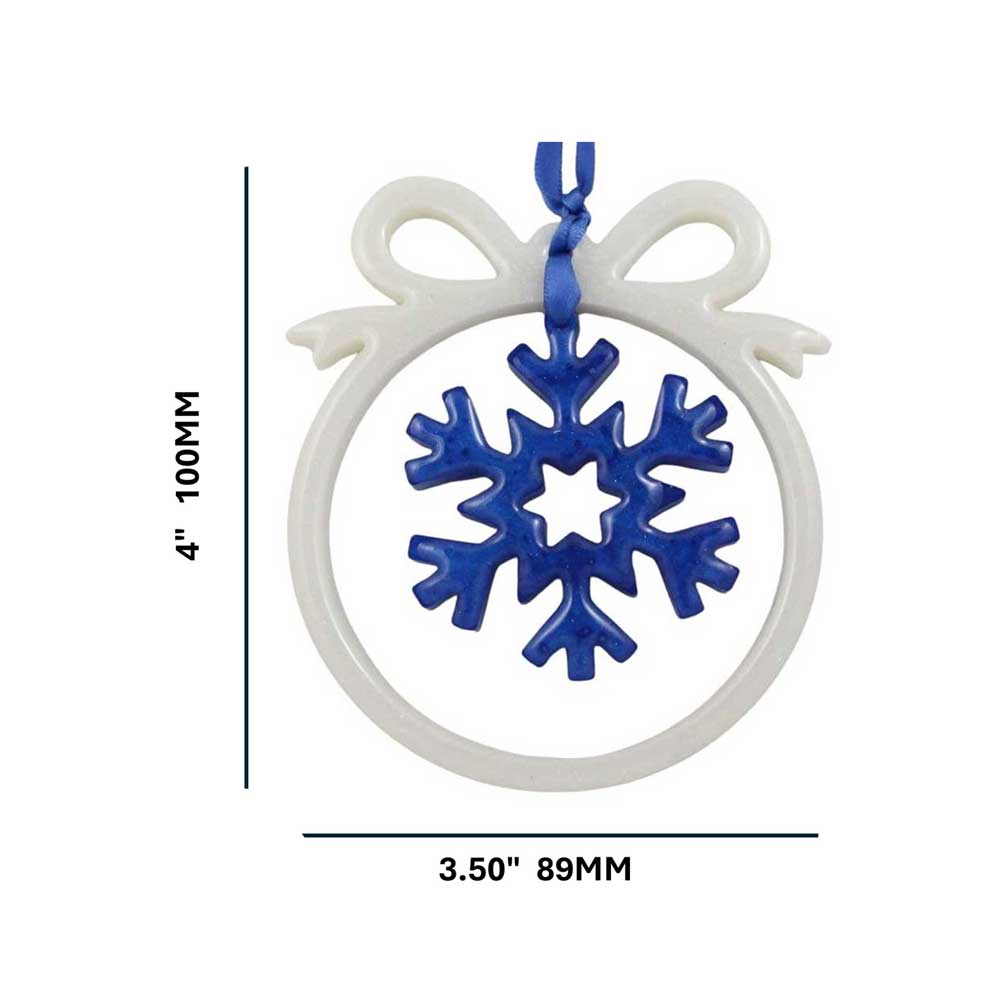 White open bow ornament with blue snowflake on white background with measurements | Lilylin Designs