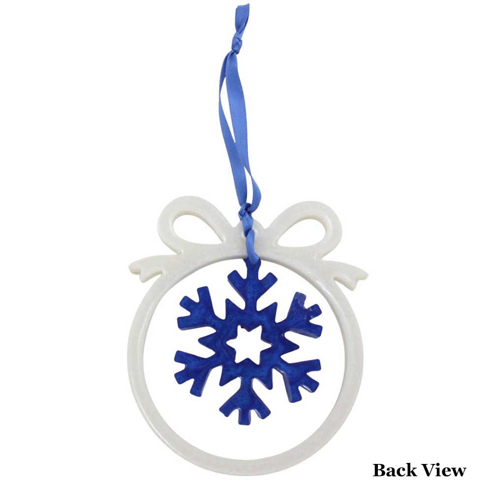 Back view of white open bow ornament with blue snowflake on white background | Lilylin Designs