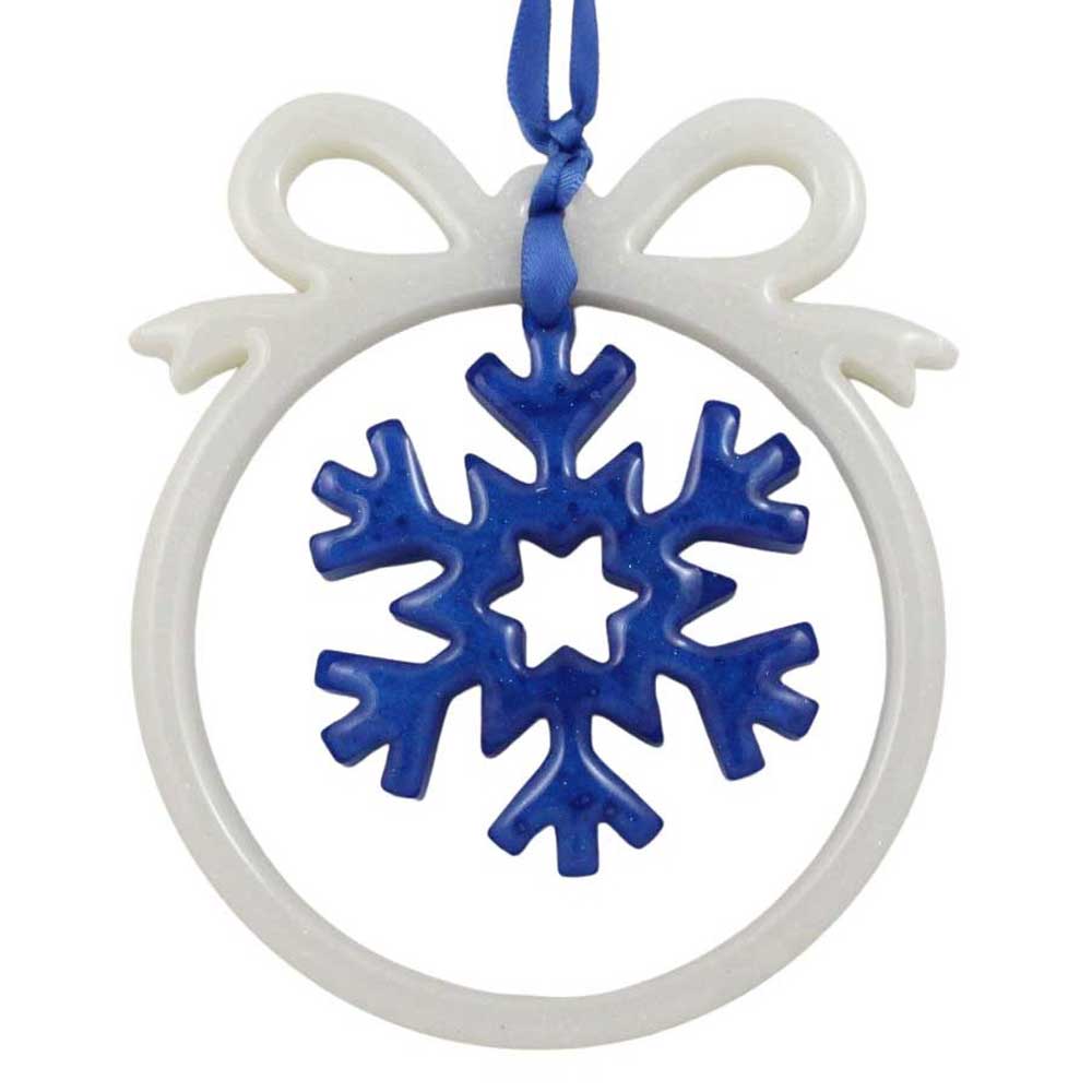 White open bow ornament with blue snowflake on white background | Lilylin Designs