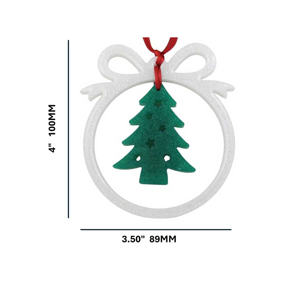 Open white bow with Christmas tree ornament on a white background with measurements | Lilylin Designs