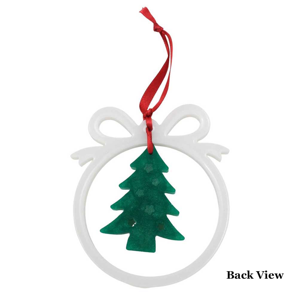 Back view of Open white bow with Christmas tree ornament on a white background | Lilylin Designs