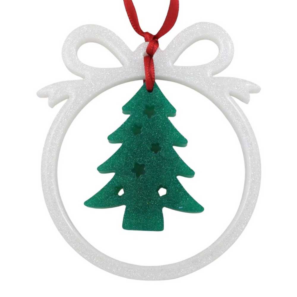 Open white bow with Christmas tree ornament on a white background | Lilylin Designs