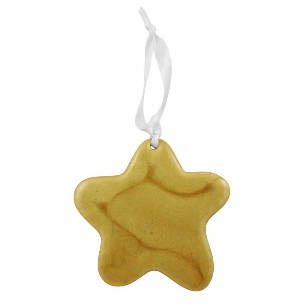 Back view of Gold star ornament with joy in white lettering on white background | Lilylin Designs