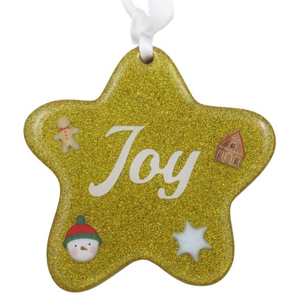 Gold star ornament with joy in white lettering on white background | Lilylin Designs