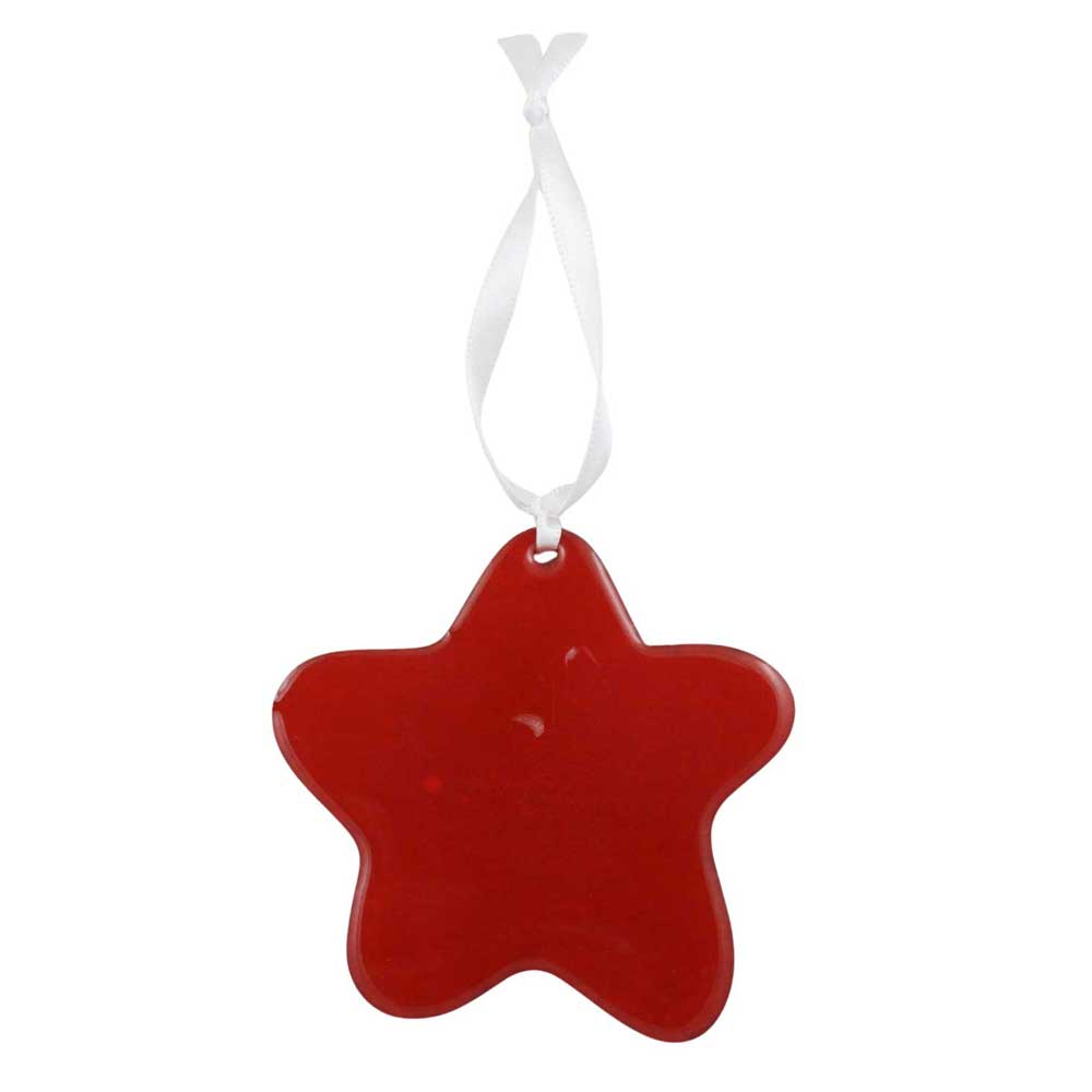 Back view of Red star ornament with "Merry and Bright" in white lettering on a white background | Lilylin Designs