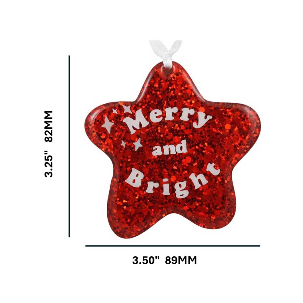 Red star ornament with "Merry and Bright" in white lettering on a white background with measurements | Lilylin Designs