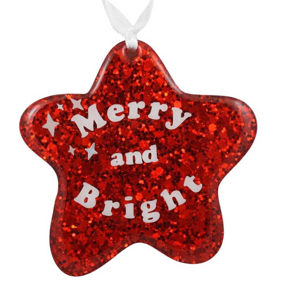 Red star ornament with "Merry and Bright" in white lettering on a white background | Lilylin Designs