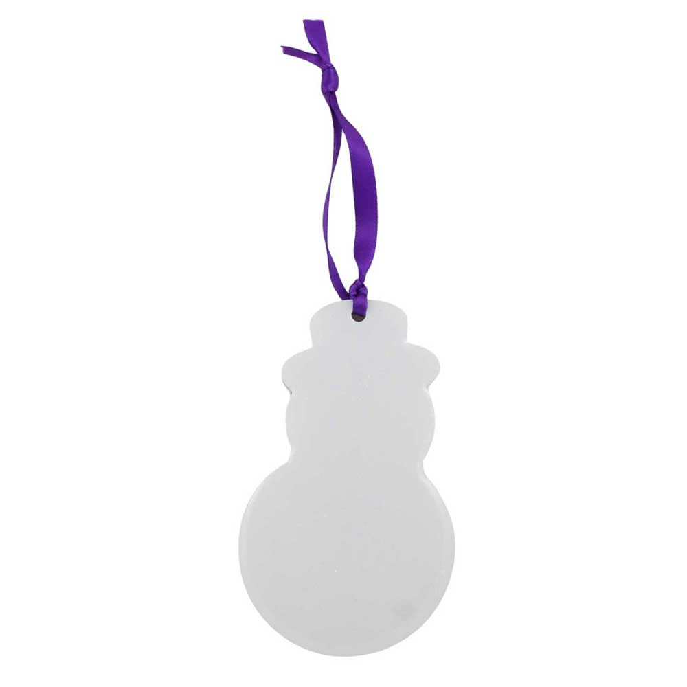 White snowman-shaped ornament with a purple ribbon on a white background | Lilylin Designs