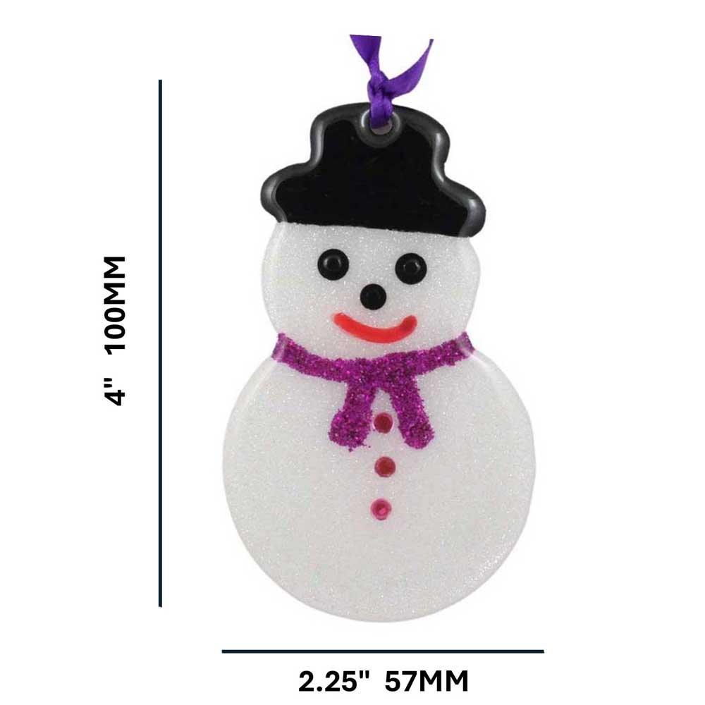 Decorative snowman ornament with a purple scarf, black top hat, and red mouth on a white background with measurements | Lilylin Designs