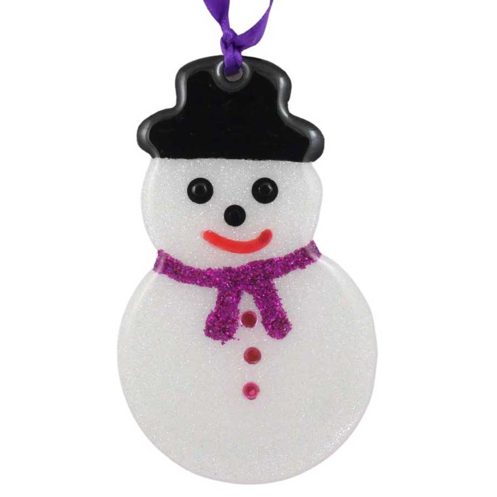 Decorative snowman ornament with a black top hat, purple scarf, and red mouth on a white background. | Lilylin Designs
