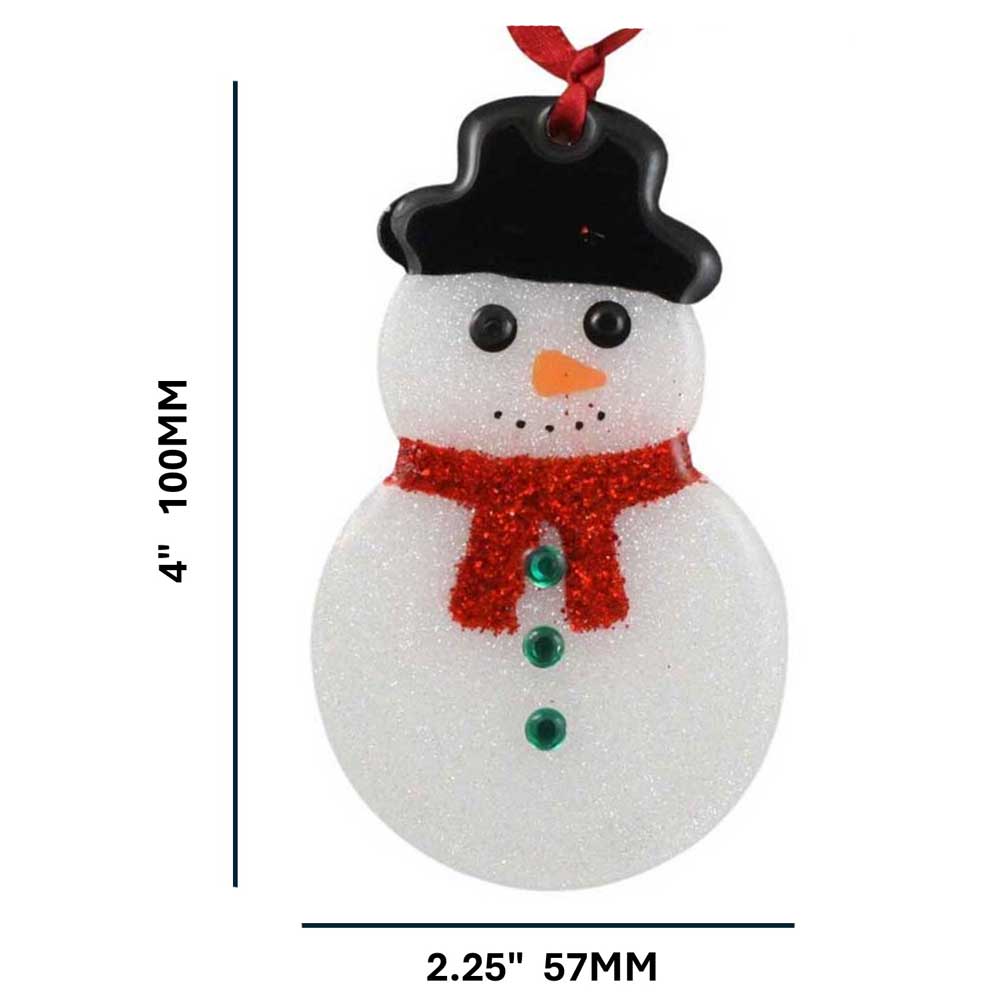 Snowman ornament with a black top hat, red scarf, and green buttons, with measurements indicated. | Lilylin Designs
