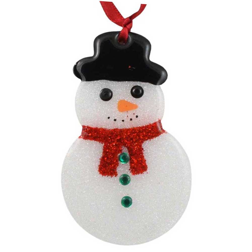 Snowman Christmas ornament with black hat, red scarf and green buttons on a white background | Lilylin Designs