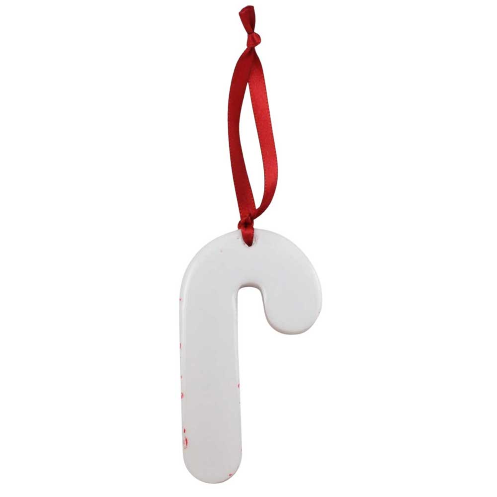 White candy cane ornament with a red ribbon on a white background | Lilylin Designs