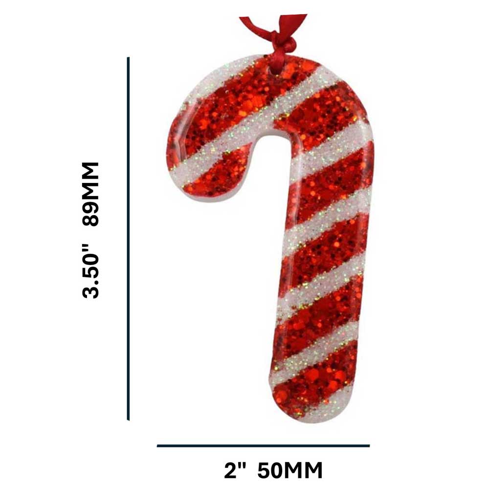 Red and white striped candy cane ornament with measurements on a white background | Lilylin Designs