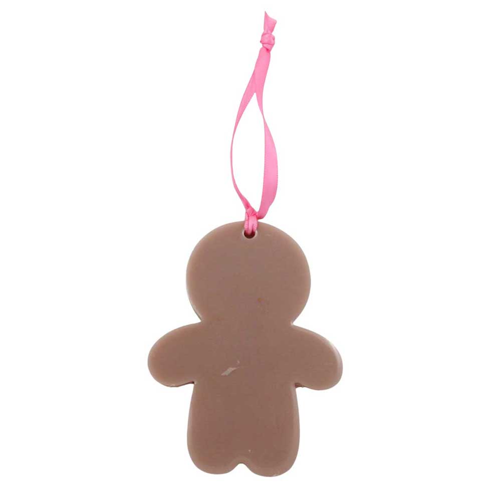 Brown gingerbread man ornament with pink ribbon on a white background | Lilylin Designs