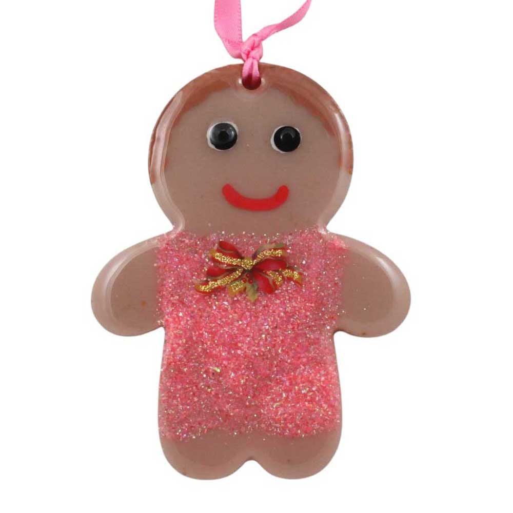 Decorative gingerbread girl ornament with pink dress and Christmas bow on a white background | Lilylin Designs