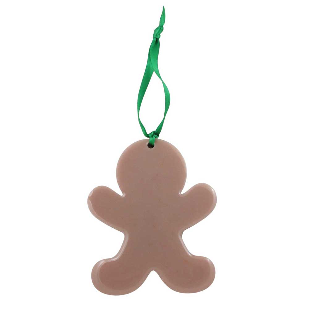 Gingerbread man ornament with a green ribbon on a white background | Lilylin Designs
