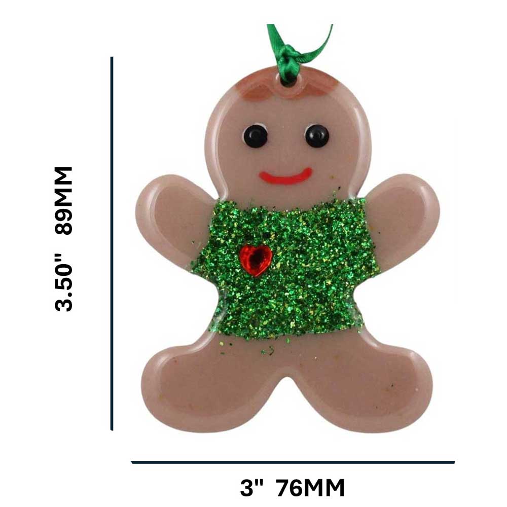 Gingerbread boy ornament with green glittery shirt and red heart on a white background with measurements | Lilylin Designs