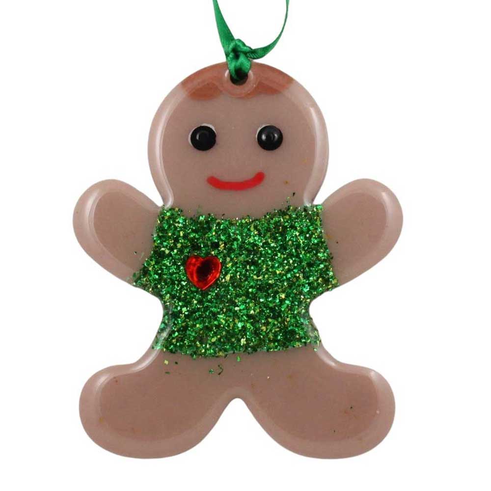 Gingerbread boy ornament with green glittery shirt and red heart on a white background | Lilylin Designs