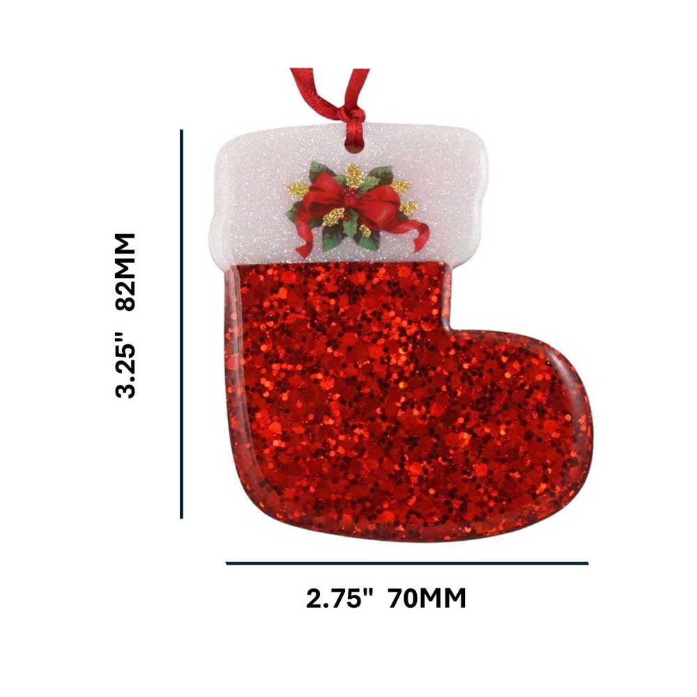 Red glittery Christmas stocking ornament with white cuff and decorative bow, with measurements on a white background | Lilylin Designs