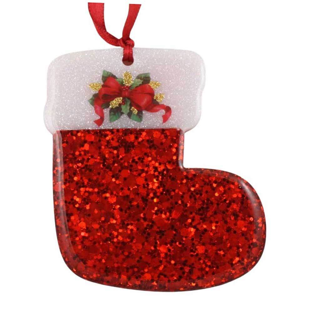 Red glittery Christmas stocking ornament with a red bow on a white |background | Lilylin Designs