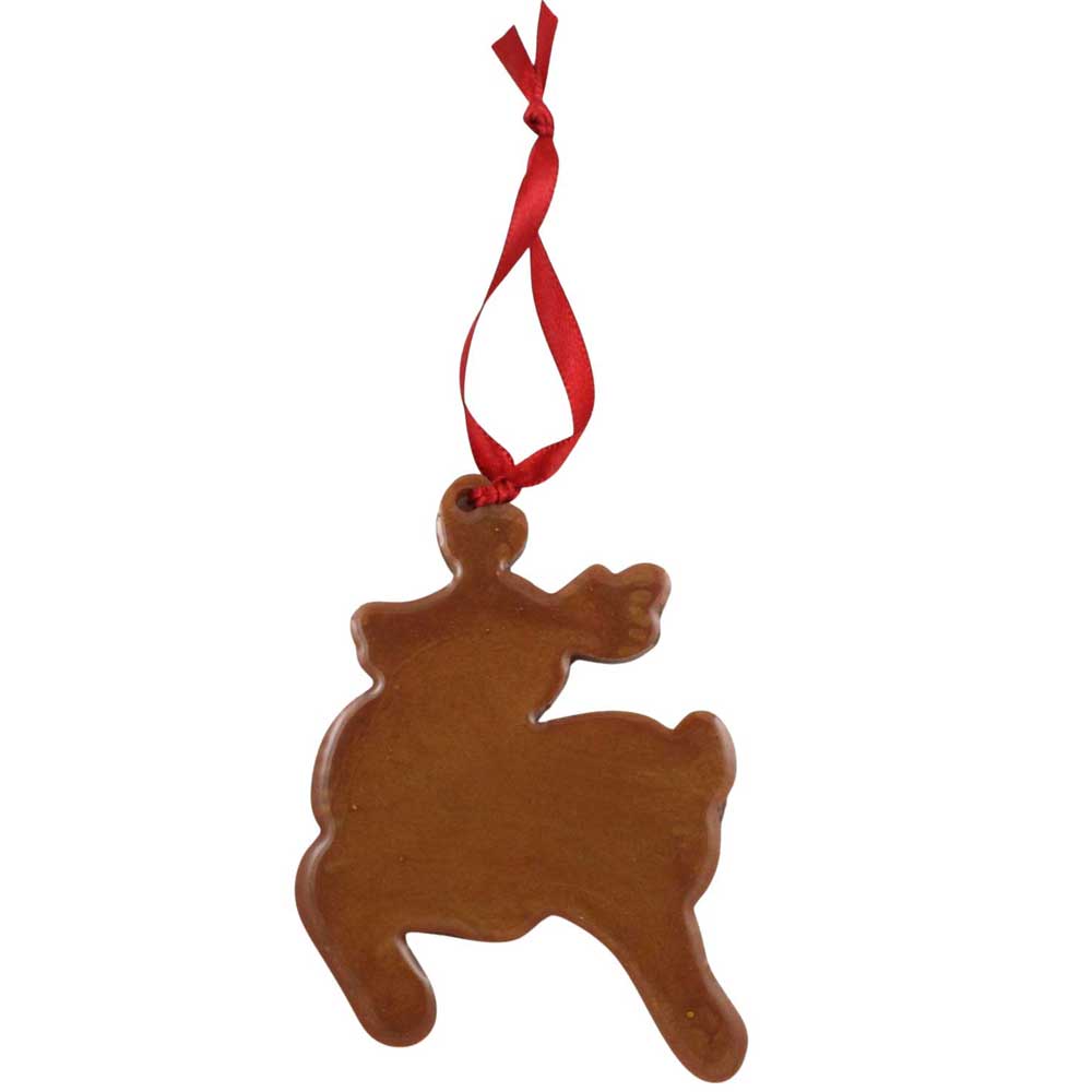 Brown reindeer-shaped ornament with a red ribbon on a white background | Lilylin Designs