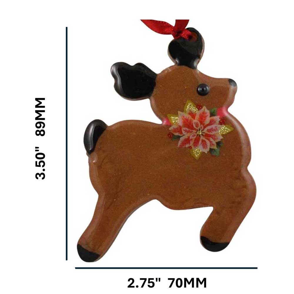 Deer ornament with a poinsettia flower on a white background with measurements | Lilylin Designs