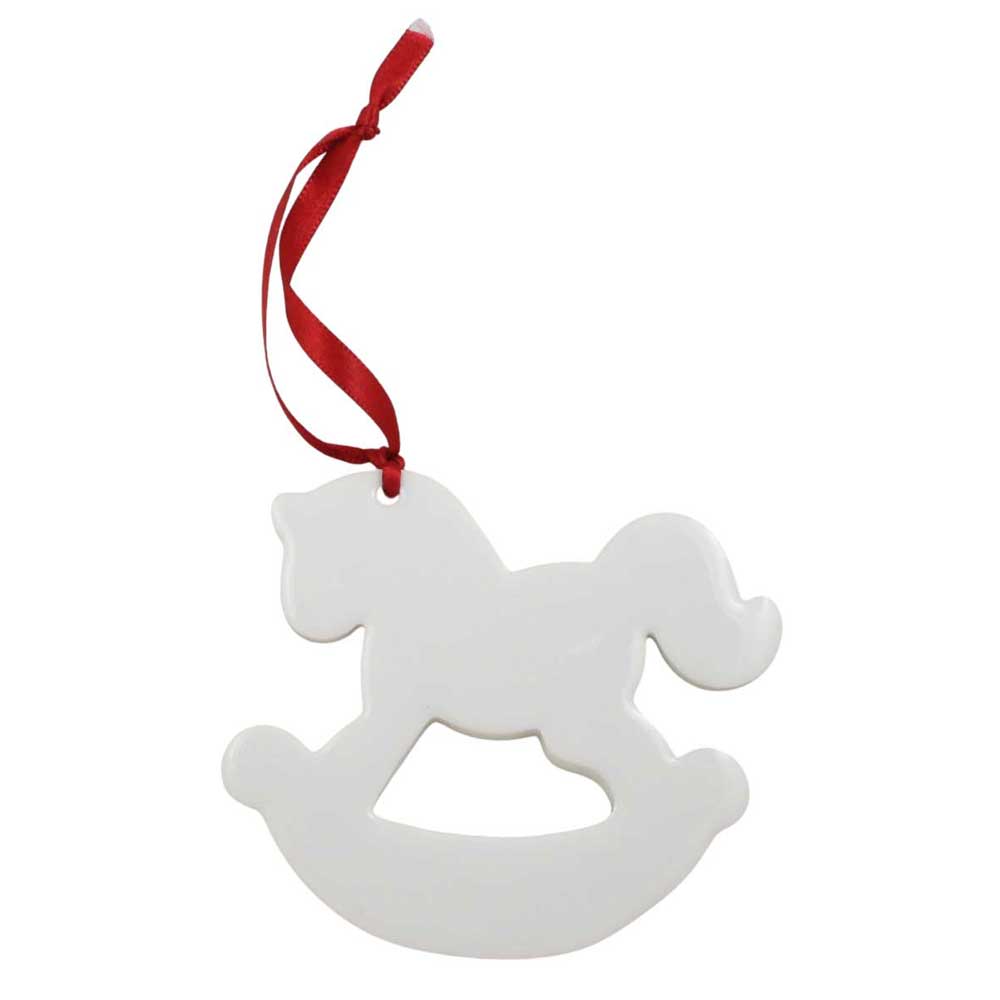 White rocking horse ornament with a red ribbon on a white background | Lilylin Designs