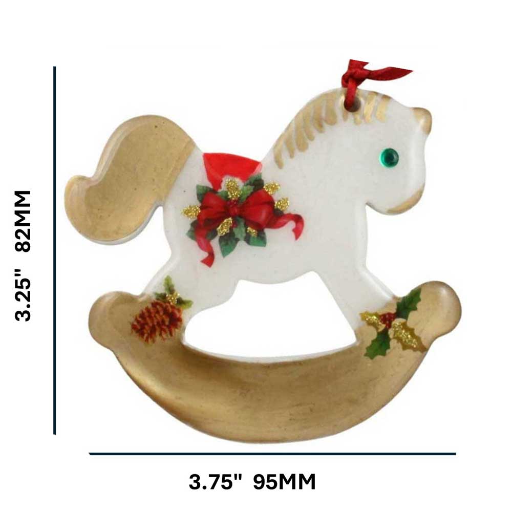 Decorative rocking horse ornament with gold accents on a white background with measurements | Lilylin Designs