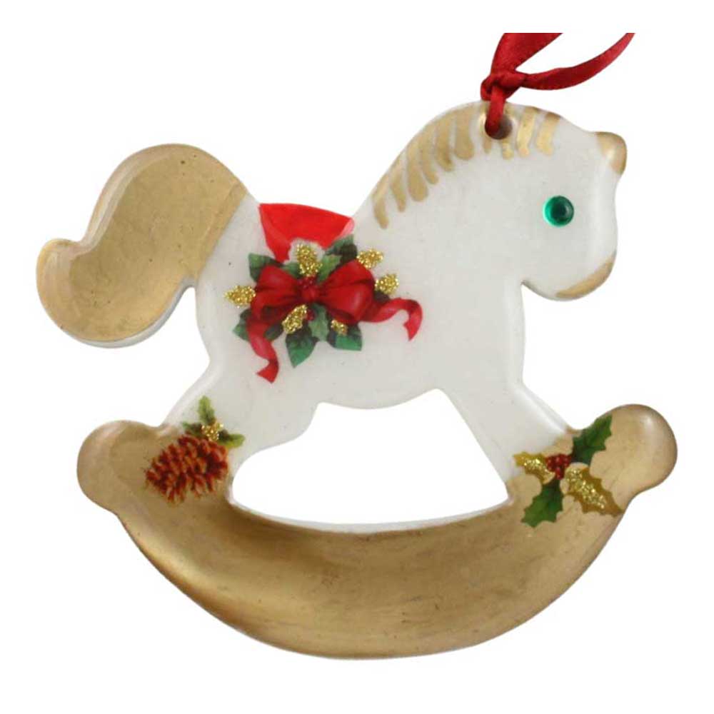 Decorative rocking horse ornament with gold accents on a white background | Lilylin Designs