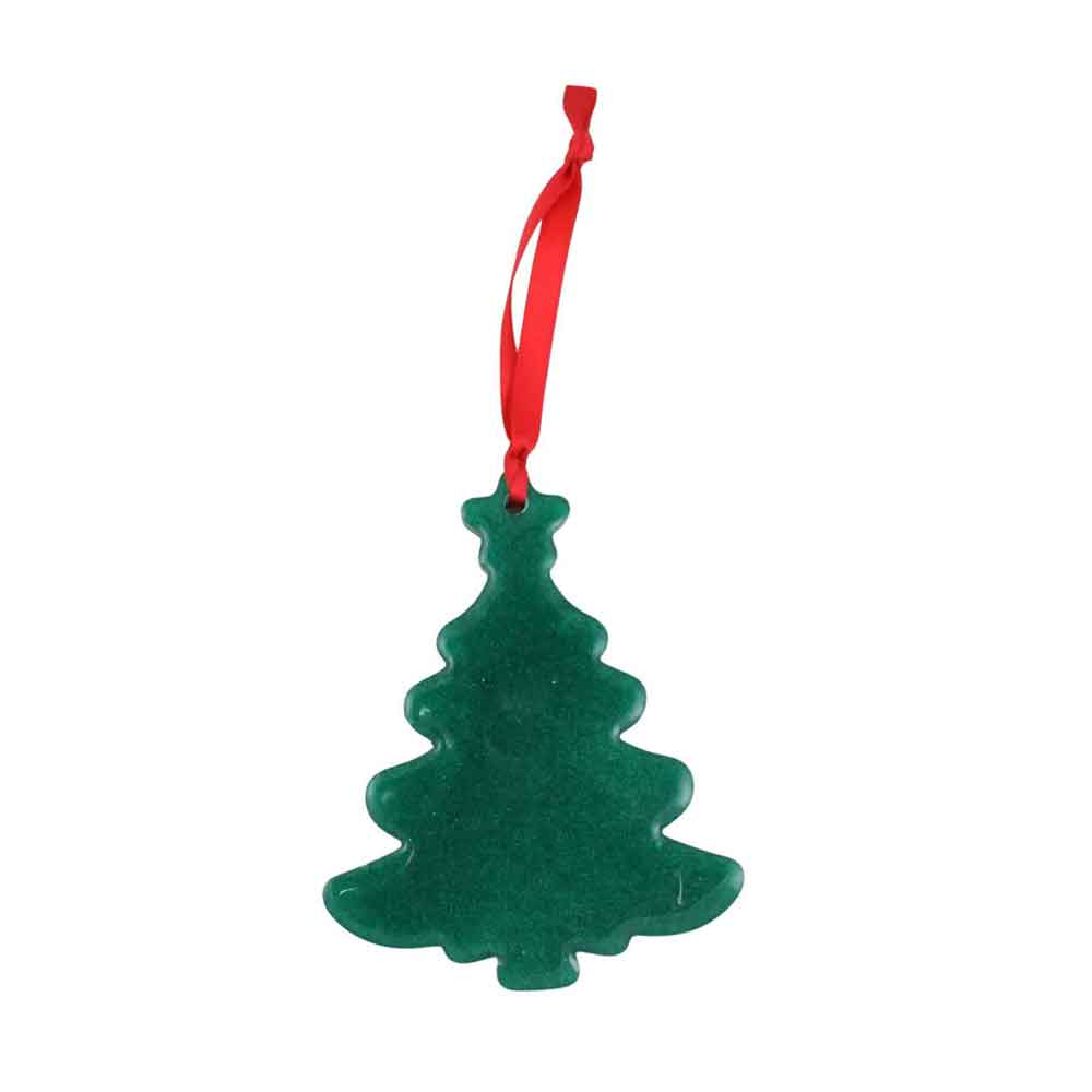 Green Christmas tree-shaped ornament with a red ribbon on a white background | Lilylin Designs