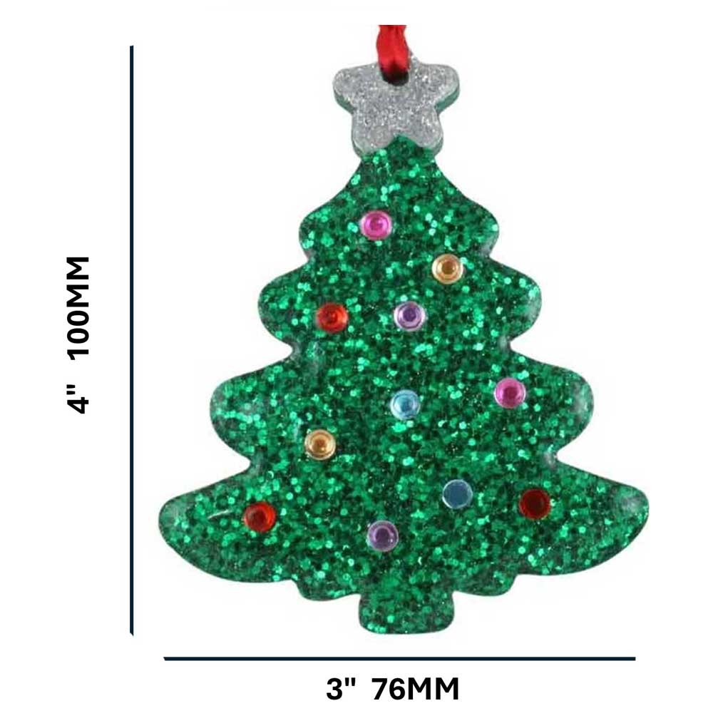 Green glittery Christmas tree ornament with colorful ornaments on a white background with measurements | Lilylin Designs