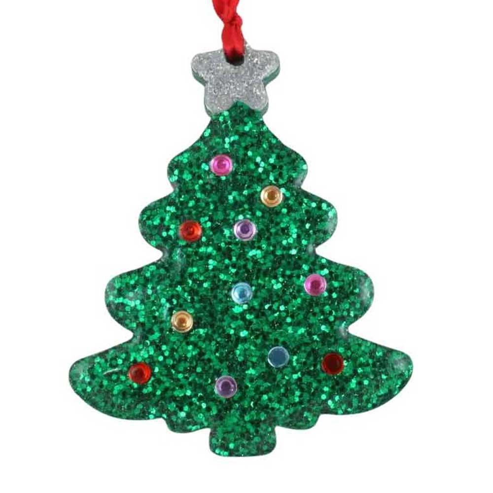 Green glittery Christmas tree ornament with colorful ornaments on a white background | Lilylin Designs