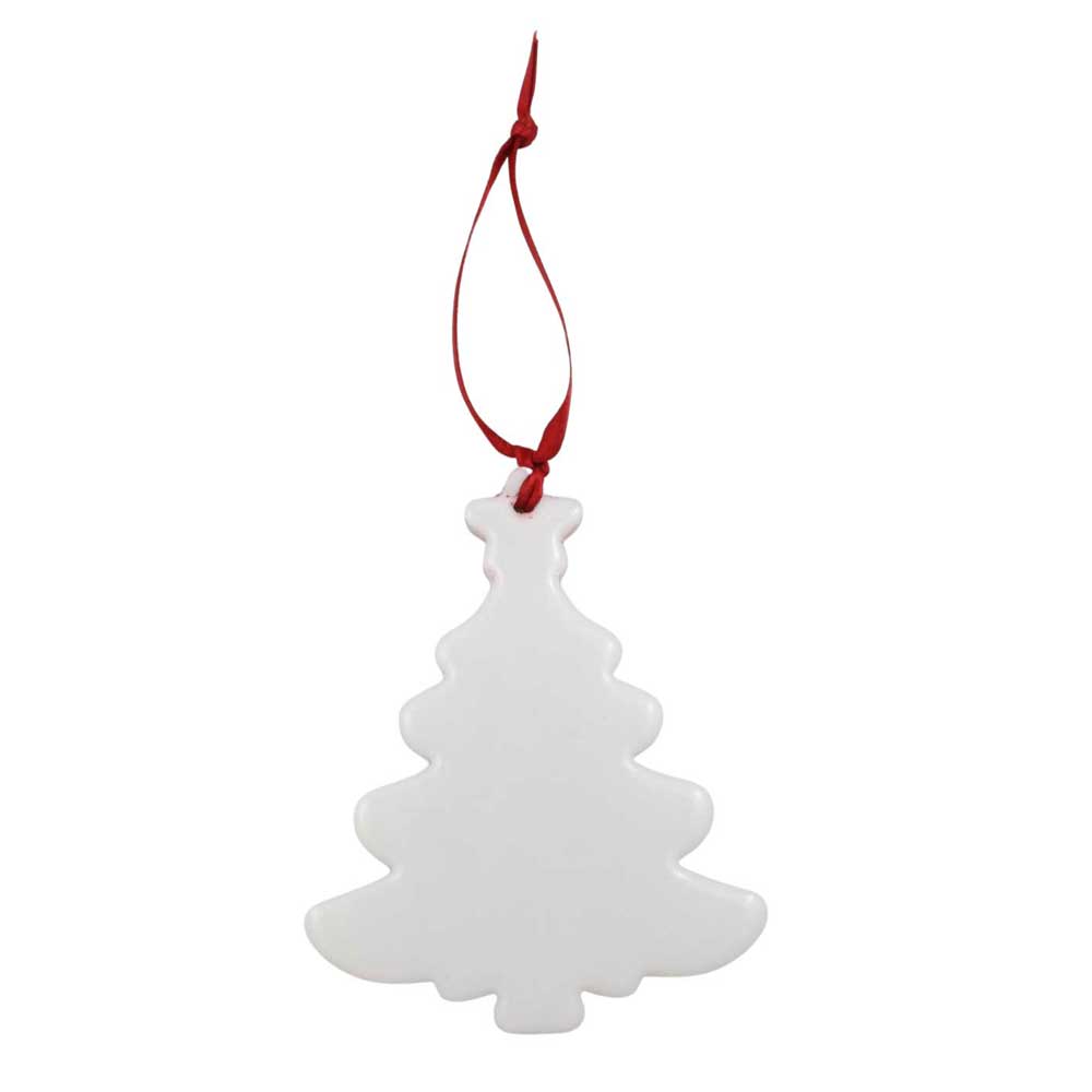 White Christmas tree-shaped ornament with a red ribbon on a white background | Lilylin Designs