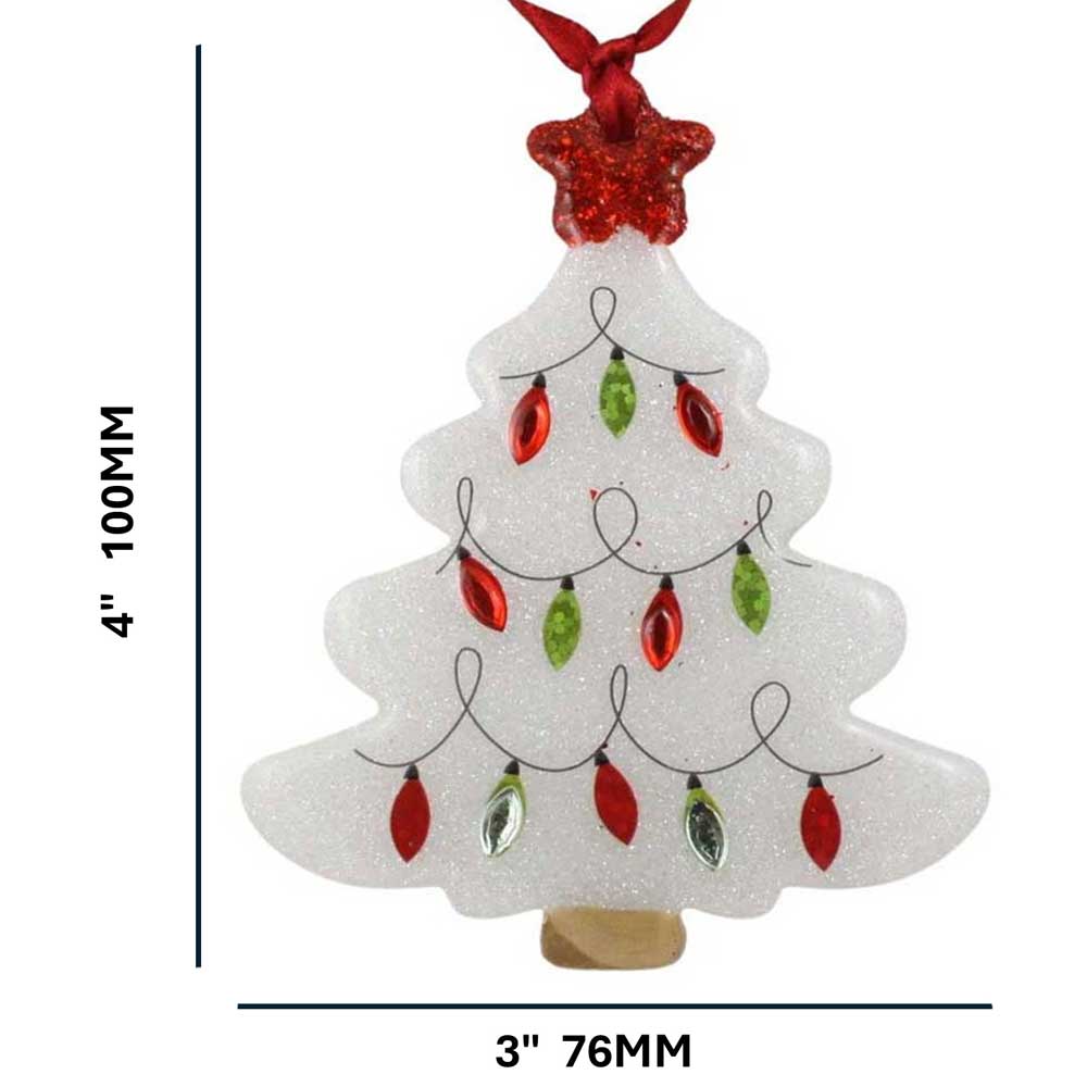 Decorative Christmas tree ornament with red and green lights on a white background with measurements | Lilylin Designs