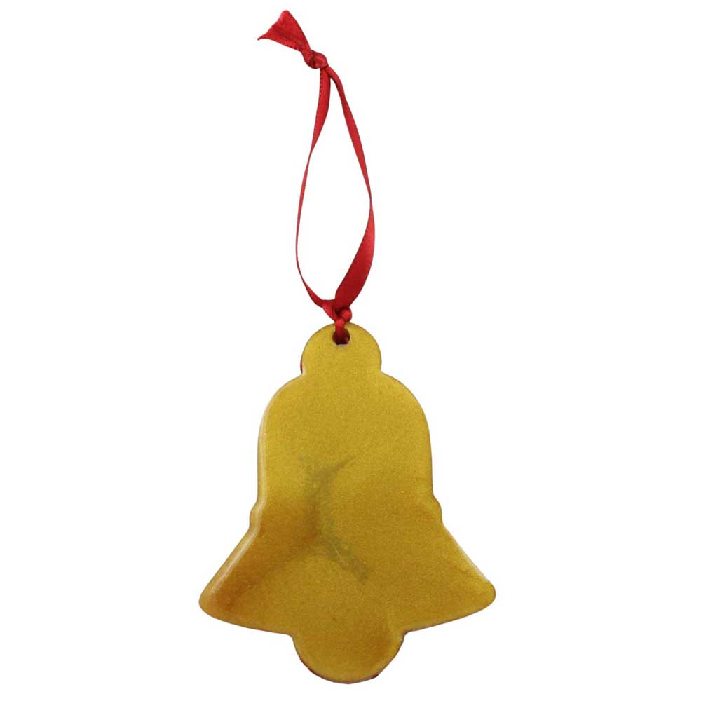 Gold Christmas ornament with a red ribbon on a white background | Lilylin Designs