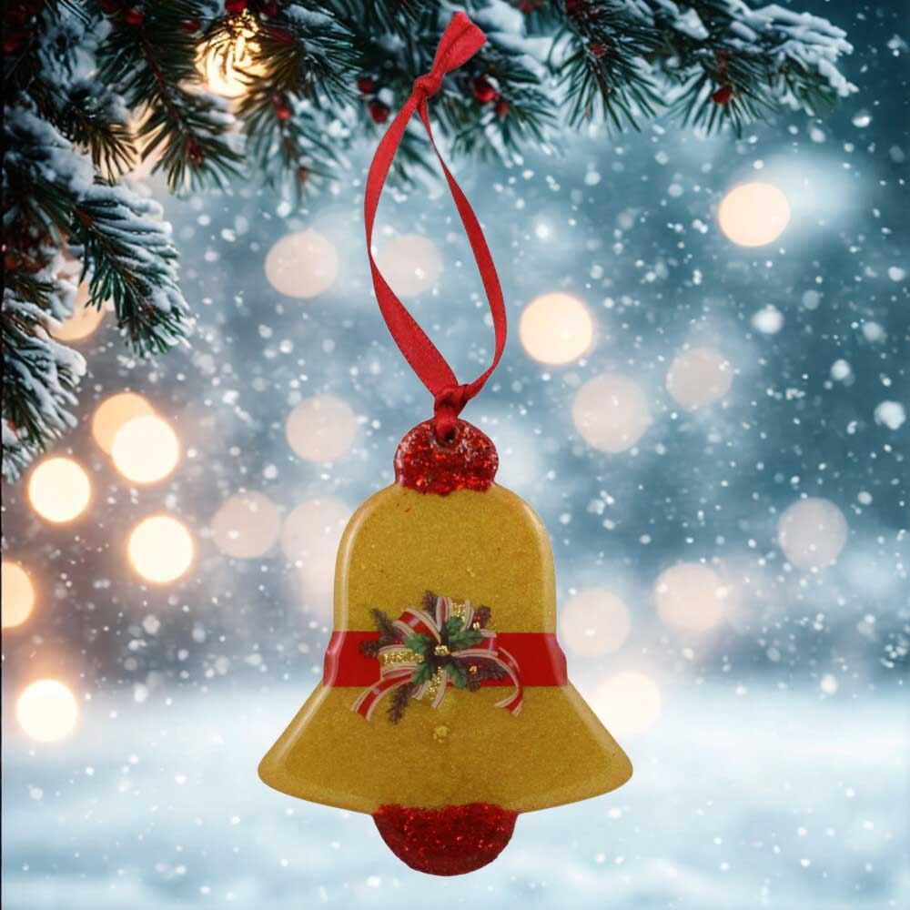 Gold Christmas bell with red accents and bow  on a festive background | Lilylin Designs